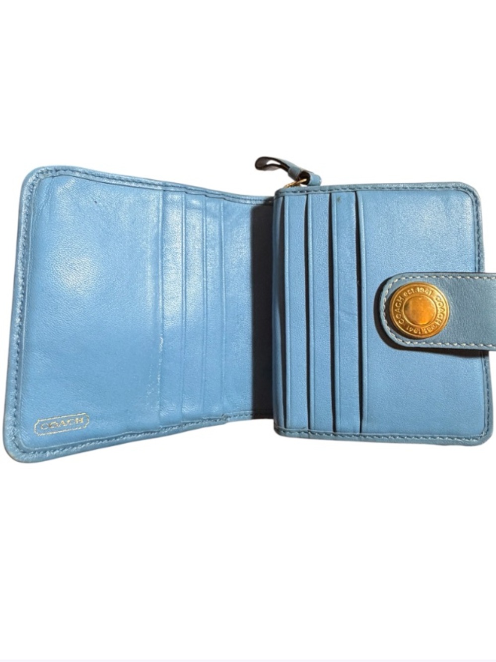 Coach Khaki Signature Blue Strim Leather Zip-Around Credit Card Wallet - Picture 10 of 13